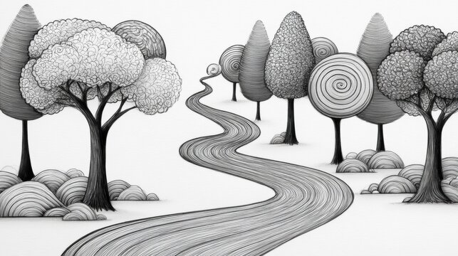 A sketch shows a winding path going through a forest filled with doodled trees and bushes in black ink on white paper.