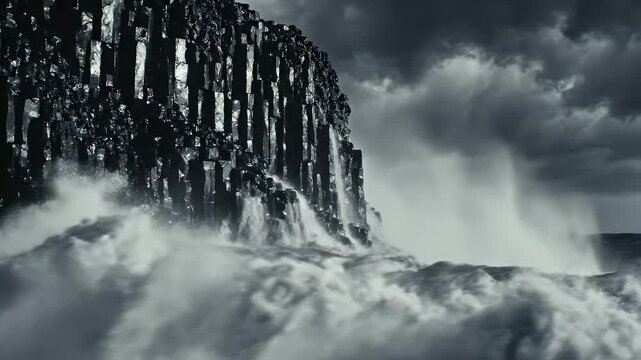 Dramatic monochrome view of powerful waves crashing against basalt columns under a stormy, dark sky