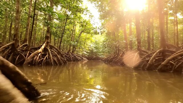 Navigating a serene mangrove forest waterway with intricate root systems and lush green foliage, tropical ecosystem