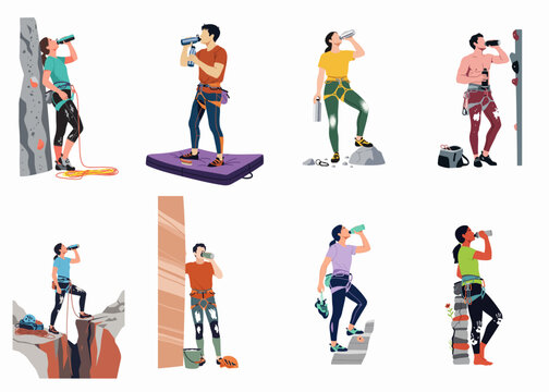 Vector collection of diverse rock climbers taking a hydration break, drinking water while wearing climbing gear in various indoor and outdoor environments.