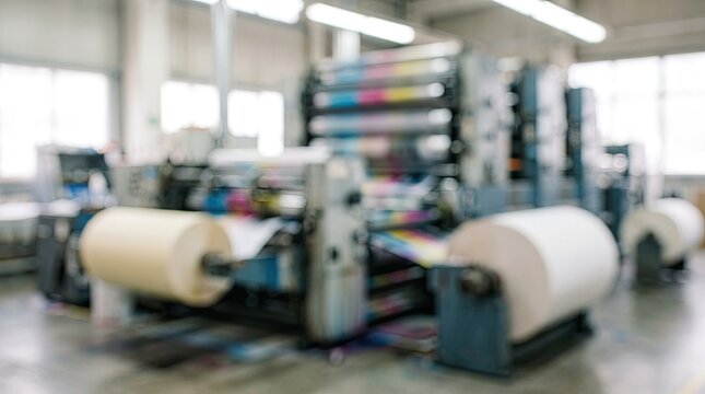 Blurred professional industrial offset printing machine in a modern factory