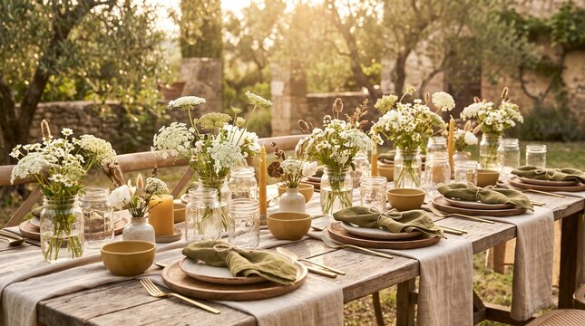Rustic wedding tables with floral centerpieces outdoors