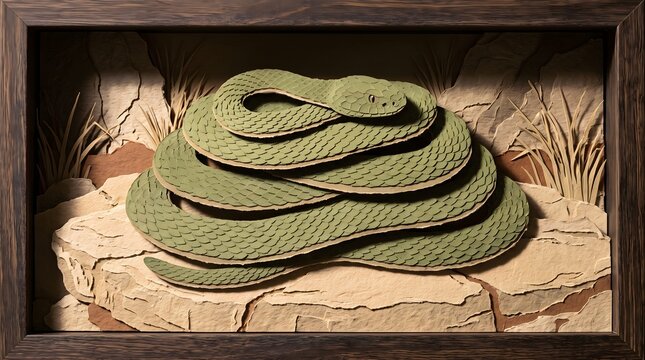 A layered papercraft green snake coiled in patient stealth among desert rocks, symbolizing quiet vigilance and layered adaptability within nature.