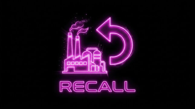 Product recall neon sign with a factory and return arrow symbol.