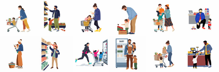 Set of flat vector illustrations depicting diverse parents and children shopping for groceries in a supermarket, isolated on white background.