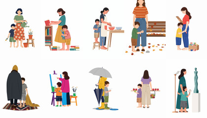 Fototapeta premium Flat vector illustration set of mothers and children engaging in diverse daily activities and bonding moments together on a white background.