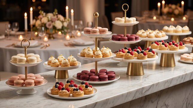 Elegant dessert table with tiered trays and cakes