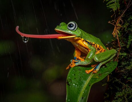 Malabar Gliding Frog resting on a wet leaf, captured in stunning macro detail.