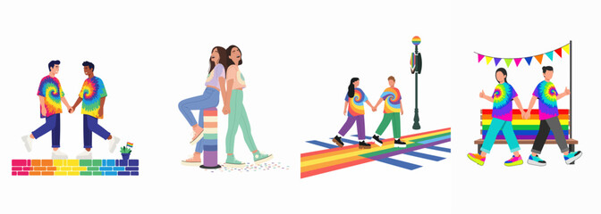 Fototapeta premium Collection of diverse LGBTQ+ couples and friends celebrating pride month with rainbow clothing and colorful urban settings.