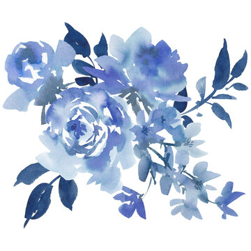 Abstract hand-painted watercolor blue rose and wildflower bouquet PNG clipart for wedding invitations, greeting cards, banners, and stationery