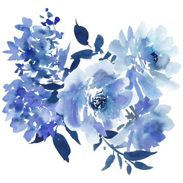Abstract hand-painted watercolor blue rose and wildflower bouquet PNG clipart for wedding invitations, greeting cards, banners, and stationery