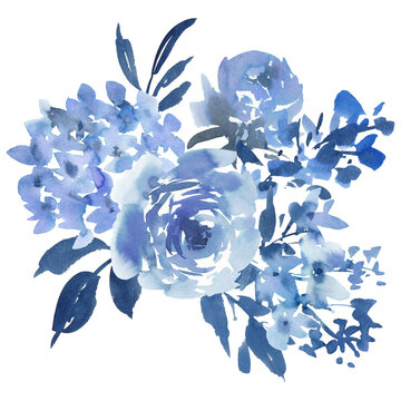 Abstract hand-painted watercolor blue rose and wildflower bouquet PNG clipart for wedding invitations, greeting cards, banners, and stationery
