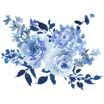 Abstract hand-painted watercolor blue rose and wildflower bouquet PNG clipart for wedding invitations, greeting cards, banners, and stationery