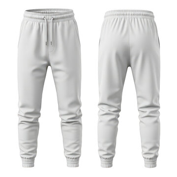 Pair of gray sweatpants joggers front and back view isolated on transparent background for fashion design