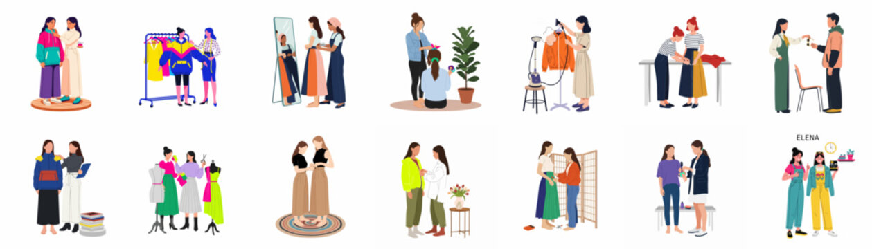 Set of diverse vector illustrations depicting people in various fashion, retail, and tailoring scenes, featuring shopping, garment design, and clothing fittings on white background.