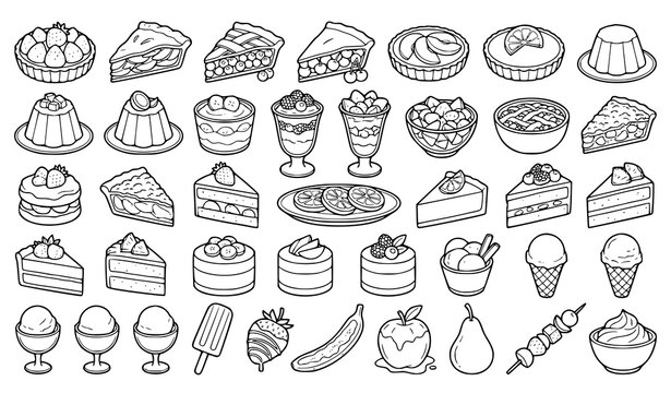 Sweet desserts, fruit treats, pies, and ice cream line art vector icons set isolated on white background