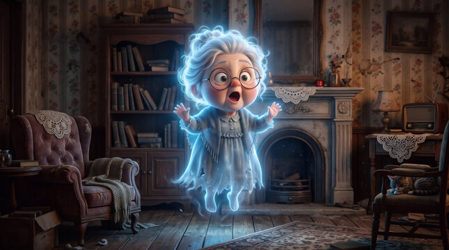 Elderly ghost character floating in a dimly lit vintage living room.