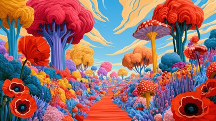 Fototapeta premium A cartoon scene shows a winding path through a lively forest with bright trees and many flowers. It captures a playful and vivid landscape.