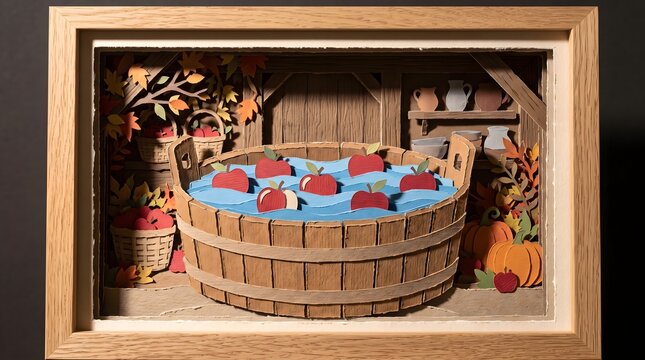 Layered papercraft scene of apple bobbing in a wooden tub, capturing the nostalgic essence of autumn harvest traditions and cozy rustic celebrations.