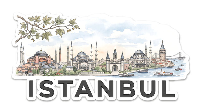 Stanbul skyline, watercolor sticker, pastel tones, travel concept
