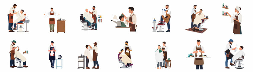Fototapeta premium Diverse collection of flat barbershop and hair salon illustrations featuring professional barbers, stylists, and clients in various grooming and styling scenarios.