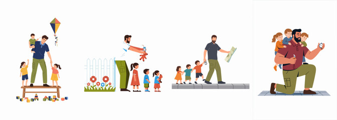 Fototapeta premium Collection of flat vector illustrations depicting a dedicated father interacting, playing, and caring for his children in various everyday scenarios and activities.