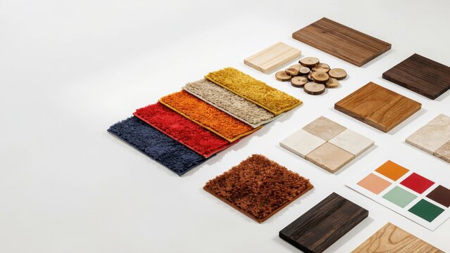 Interior Design Moodboard with Fabric Carpet Swatches and Wood Samples