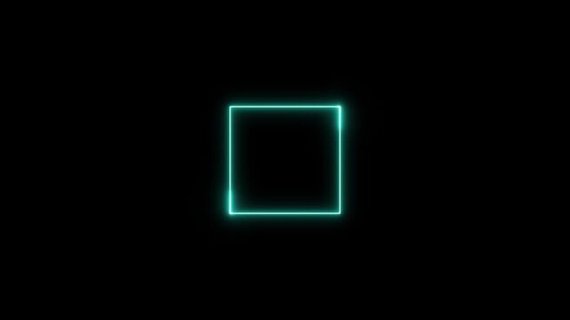 A neon square frame cyan color laser line on black background. Square rectangle picture frame with three tine neon animation.