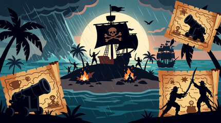 Naklejka premium Detailed digital illustration showing a dark pirate ship featuring a skull flag docked at a tropical island with silhouettes of fighting sailors under moonlight storm