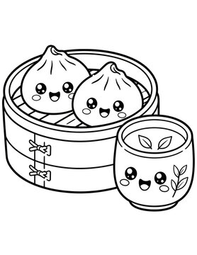 Cute Kawaii Dumpling Dim Sum In Steamer With Dipping Sauce Asian Food Coloring Page
