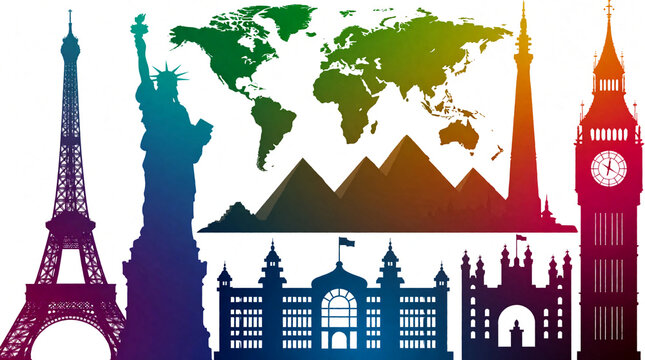 Colorful silhouette collection featuring famous global landmarks and a world map isolated on a white background for travel design projects and international business concept art