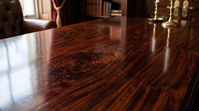 Polished mahogany surface with rich wood grain texture, brown wooden tabletop with natural pattern, smooth glossy finish interior, vintage classic wood stock image
