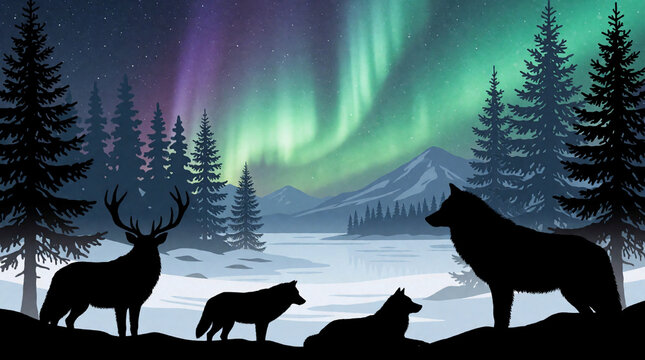 Majestic wild deer and wolves stand as dark silhouettes against a vibrant green and purple aurora borealis sky above a snowy mountain landscape at night