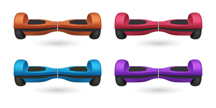 Colorful hoverboards in various vibrant hues on transparent background