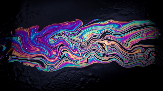 Textura de tinta de aceite iridiscente en remolinos hologr&aacute;ficos sobre fondo negro