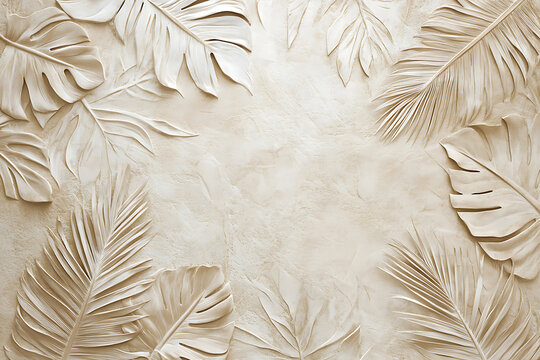 Elegant beige tropical leaves embossed texture with subtle relief.