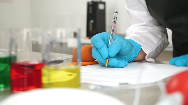 Laboratory technician in protective gloves records test results on paperwork while working with chemical solutions and laboratory equipment.