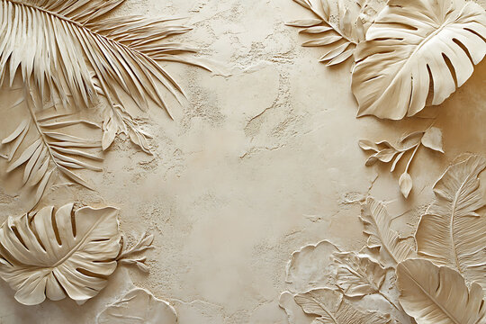 Elegant beige tropical leaves textured background with soft natural tones and decorative details.