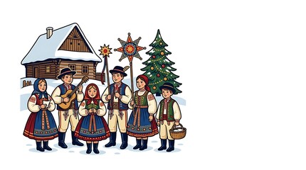 Naklejka premium Christmas Tree and Snowman Outside a Cozy House with Festive Ornaments, Gifts, Snow, and Winter Holiday Decorations Cartoon Vector Illustration:::