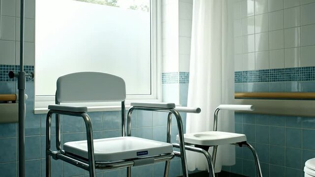 Clean Hospital Commode Chair And Shower Chair Positioned In A Bright Rehabilitation Bathroom Setting Highlighting Hygiene And Accessibility