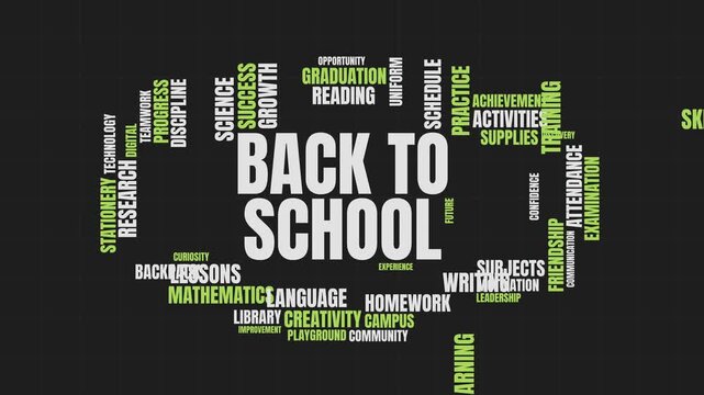 Back to school typography word cloud animation on dark background
