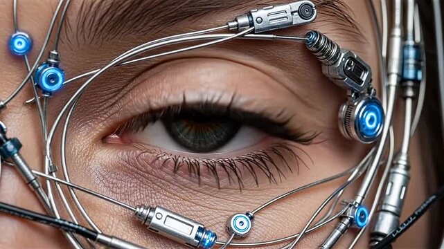 Human eye with integrated cybernetic wires and bionic implants.