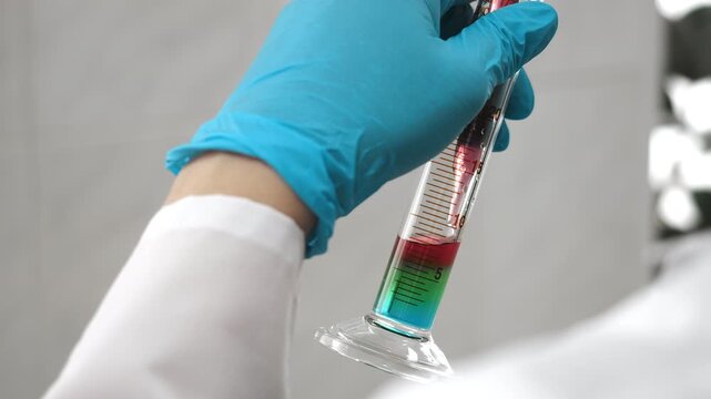 Close-up of gloved laboratory worker holding a graduated glass cylinder with separated layers of colored liquids during chemical analysis and experiment.