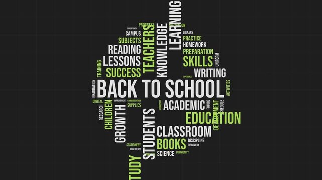 Back to school animated word cloud with educational terms on dark background