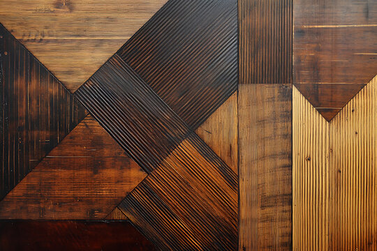 Geometric wood panel wall texture with abstract patterns and natural wood grain details.