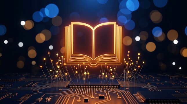 Glowing digital book icon on circuit board background, futuristic e-learning and online education concept, neon orange open book symbol for digital library and modern literacy technology.