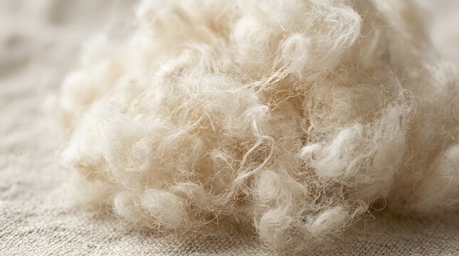 Natural raw wool fibers, soft organic sheep fleece pile, unspun cream wool texture for textile manufacturing and craft