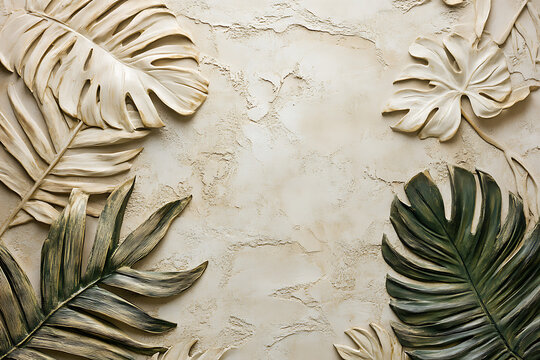 Textured tropical leaves on a neutral background with elegant natural shapes and soft shadows.