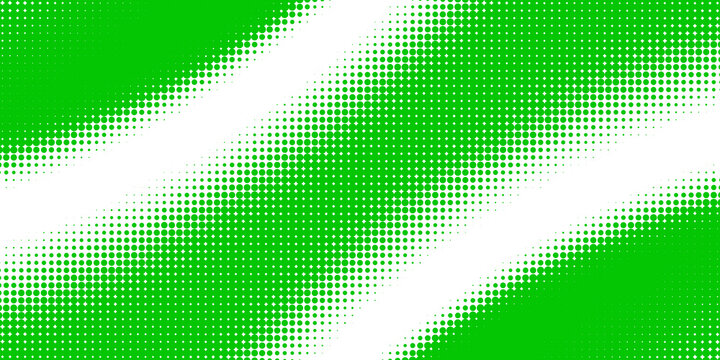 Slash green halftone gradient texture. Fading cartoon polka dot background. Dotted corner gradation pattern. Fading comic pop art overlay backdrop. Vector slant frame halfton patern effect wallpaper