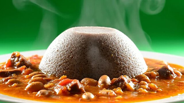 Classic South Sudanese Asida Sorghum Porridge Served On Plate With Rich Sauce Isolated On Green Background
